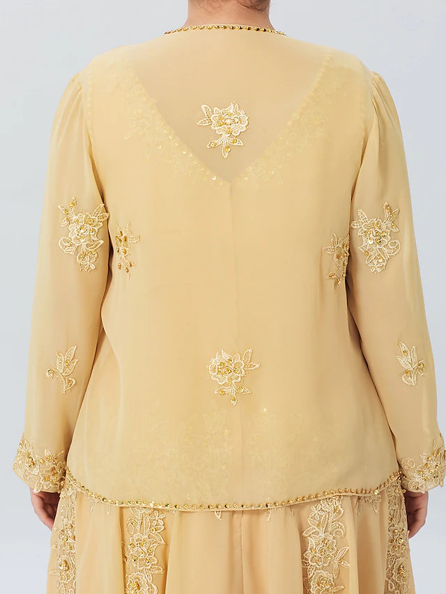 A-Linien-Kleid für die Mutter der Braut, formell, Übergröße, elegant, hoher und niedriger V-Ausschnitt, asymmetrisch, Chiffon, mit Perlen besetzte Spitze, lange Ärmel, Wickelkleid mit Perlenapplikationen